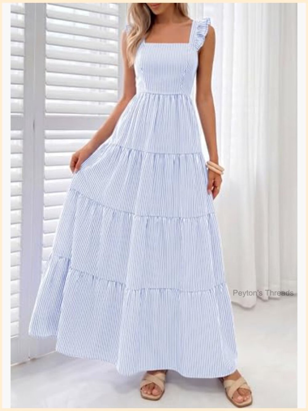 Women's Striped Square Neck Sleeveless Maxi Dress with Pockets - Picture 2 of 7